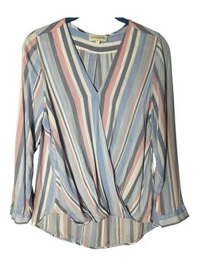 Cynthia Rowley Pastel Striped Wrap Blouse - Pink, Blue & Cream Size M